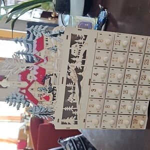 Wooden Christmas Advent Calendar with Red Accents. Lights Up!